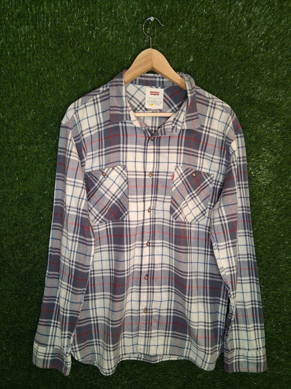 Levi’s Men’s Large L Plaid Flannel Shirt Long Sleeve Button Down Blue Red White